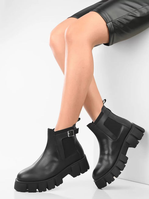 ADORLY Chelsea Black Women Chunky Boots With Buckle